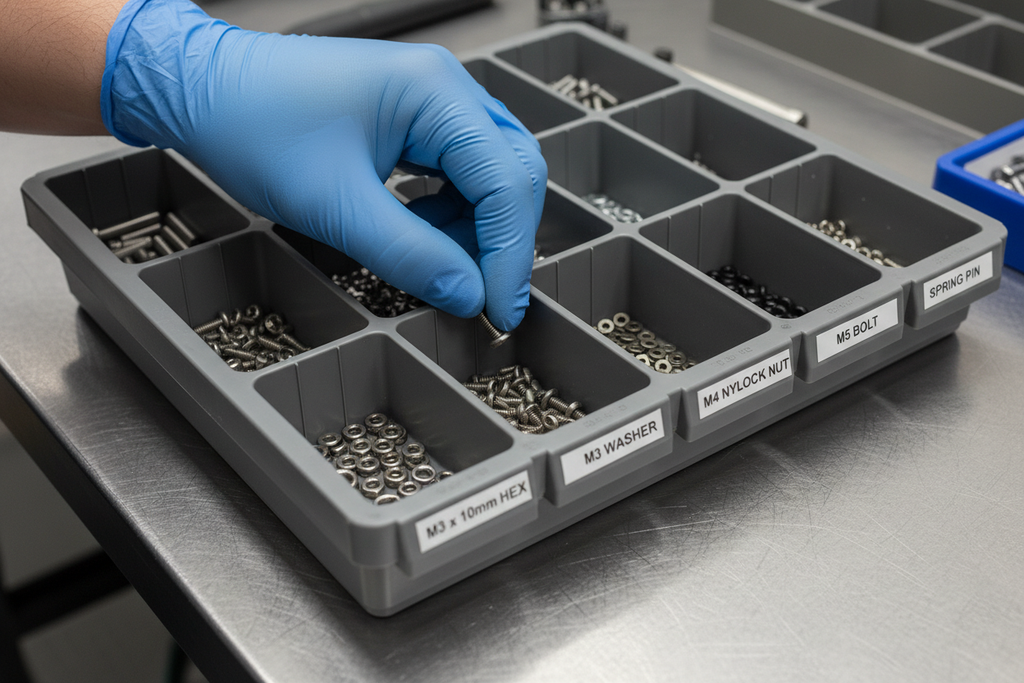 Close-up of sorting tray in use with mechanical fasteners