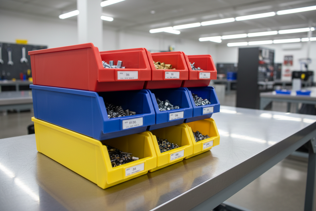 Heavy-duty industrial sorting trays stacked on workbench