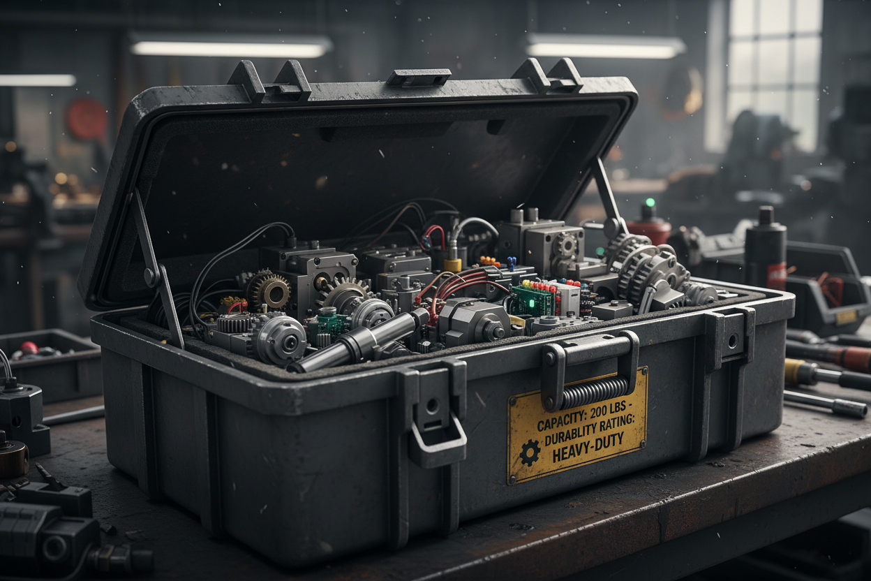Close-up of open containment bin showing mechanical parts and heavy-duty latch