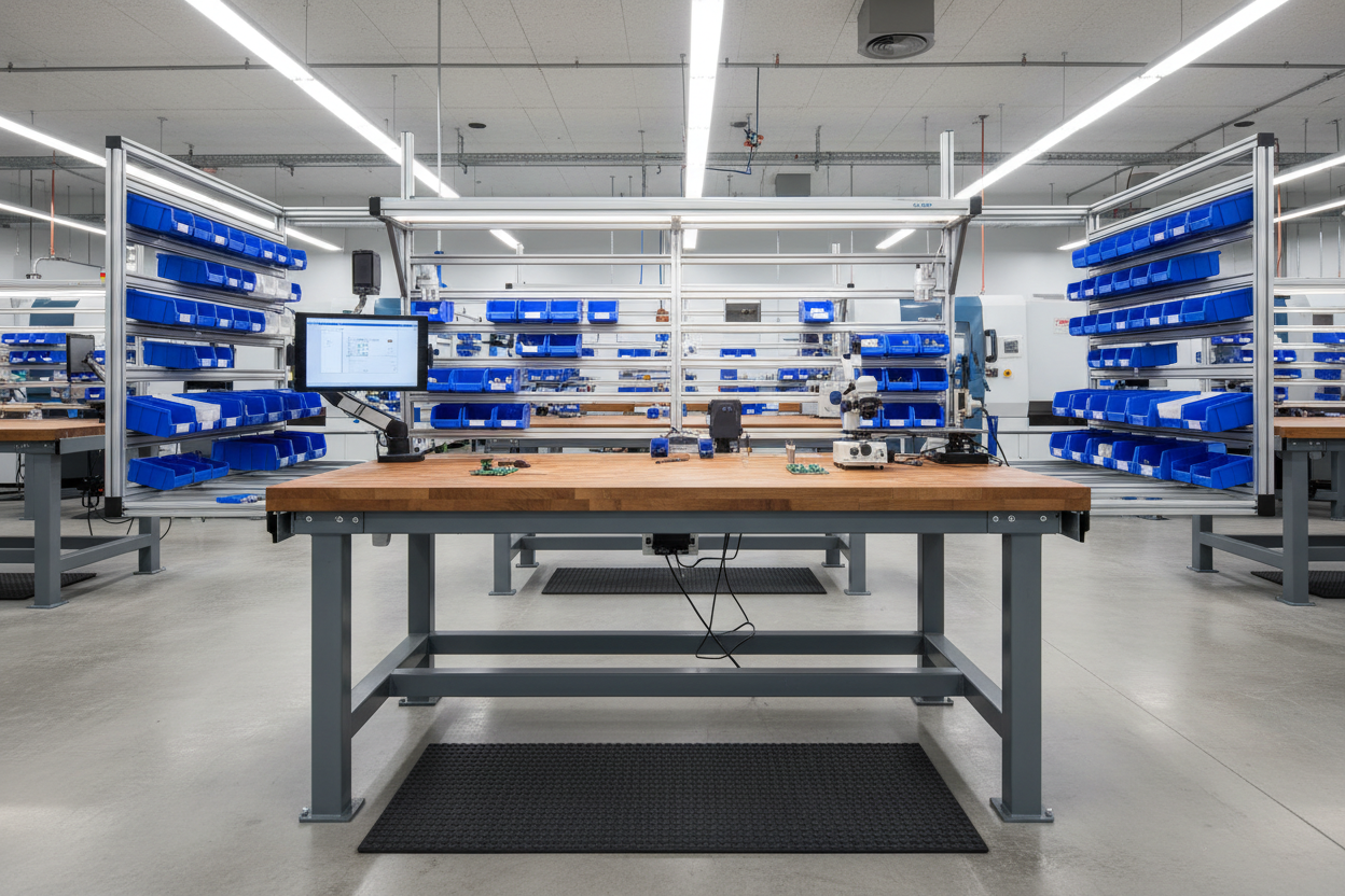 Professional assembly workstation bench in industrial facility
