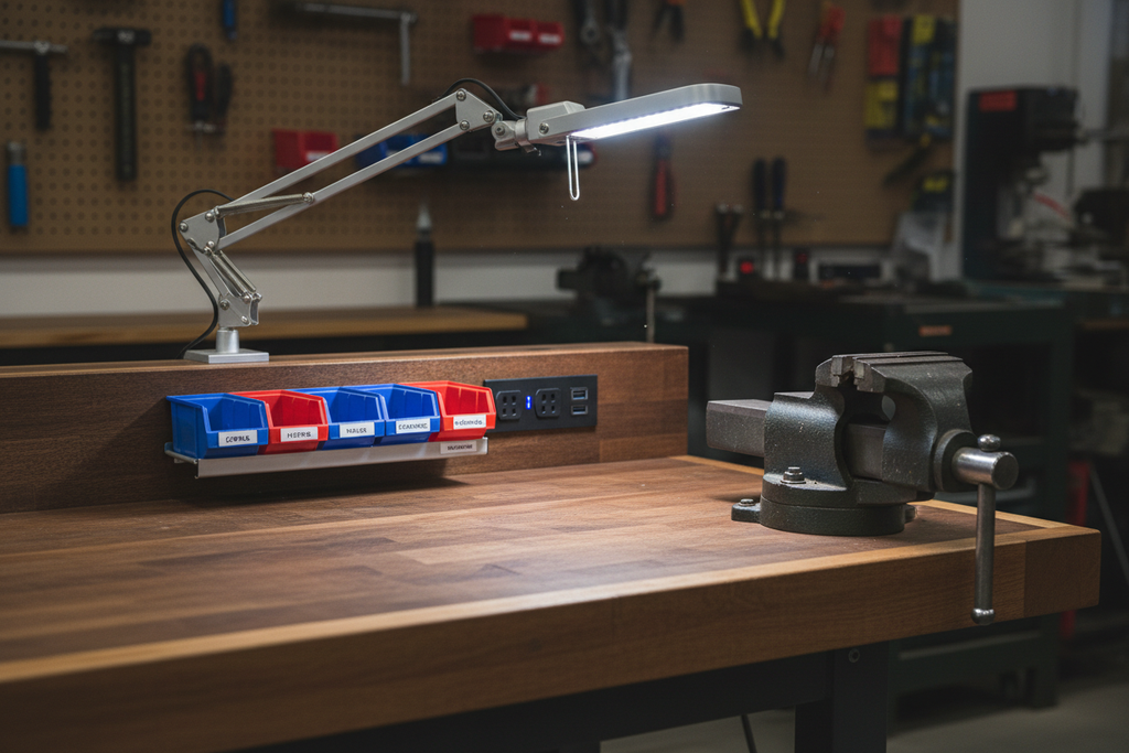 Close-up of workstation features including power strip, task light, and parts bin rail