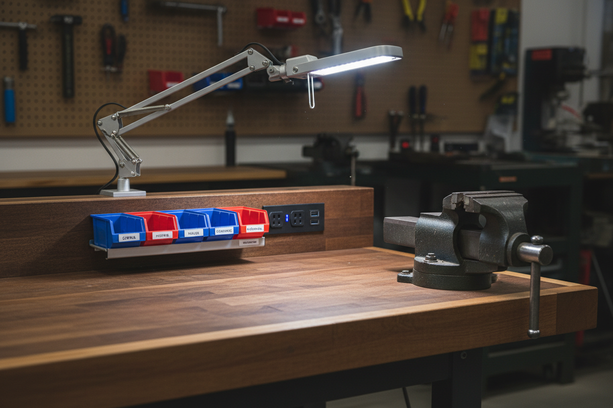 Close-up of workstation features including power strip, task light, and parts bin rail