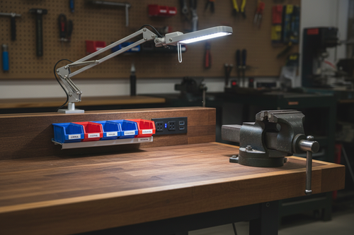Close-up of workstation features including power strip, task light, and parts bin rail