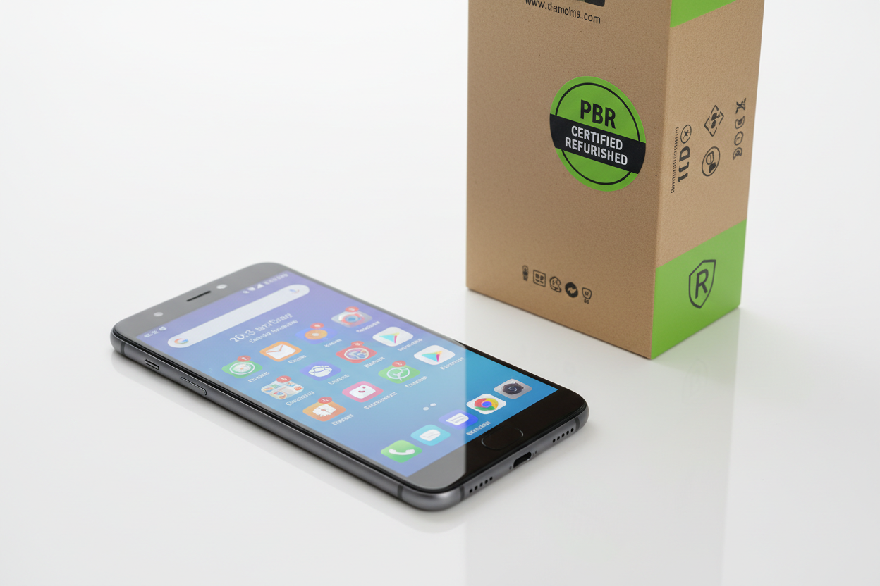 PBR Certified Refurbished Smartphone on white surface with packaging
