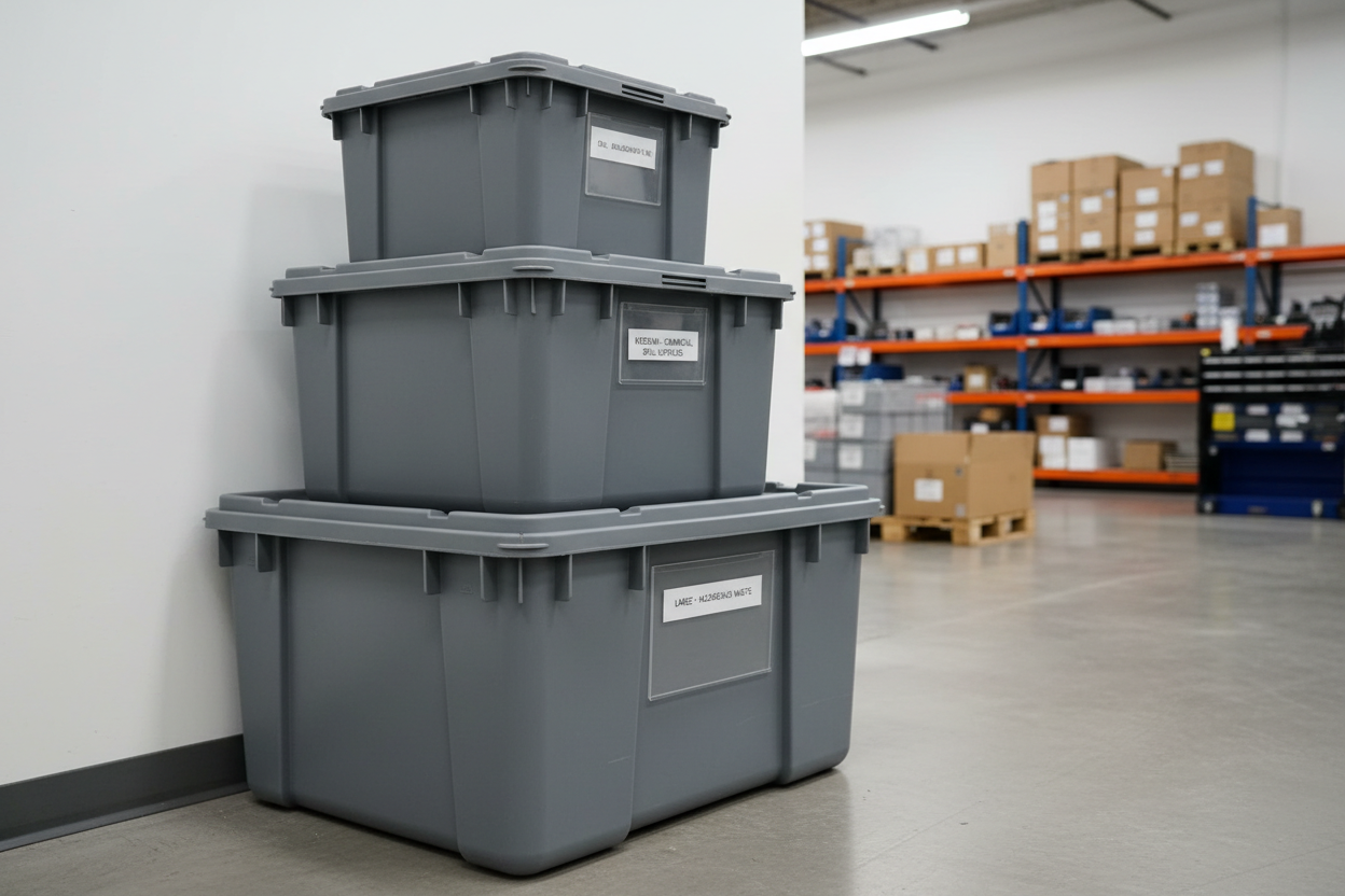 Three heavy-duty industrial containment bins stacked in warehouse